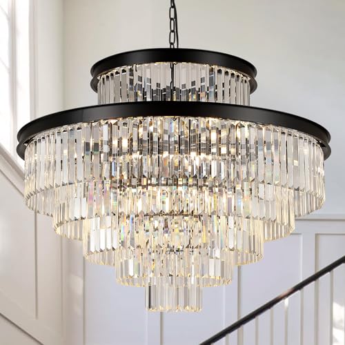 Image of 35 inch Large Black Crystals Chandelier 6-Tier Modern High Ceiling Chandeliers