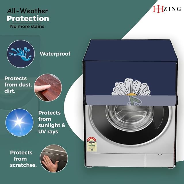HIZING Waterproof Washing Machine Cover Made for IFB Laundrimagic 3-in-1 8.5/6.5/2.5 Kg Front Load Washer Dryer (Executive ZXS) Solid Blue Sunflower Print view 2