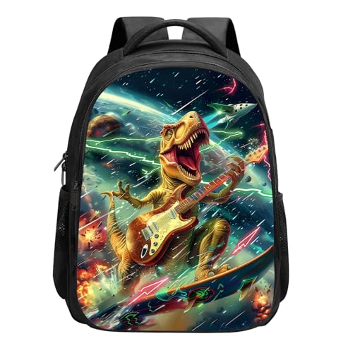 SARA NELL Kids Backpack for Boys, Boys Backpack Dinosaur, Cool Dinosaur Play Guitar in Galaxy Backpack, Space Storm with Planet Rocket Lightning Backpack, T-rex Dino Elementary School Backpack,16 Inch