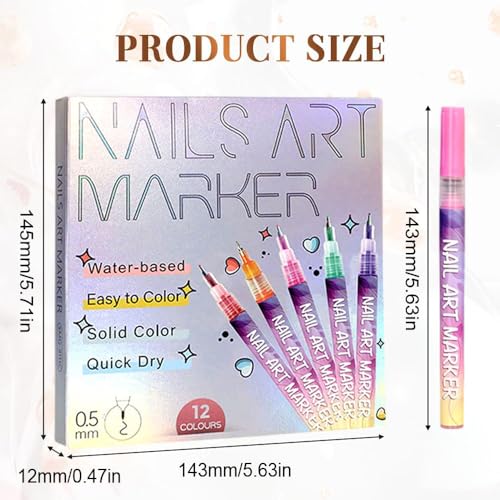 12 Colors Nail Art Pens Set, 2026 New Upgrade Fine Tip 0.5mm Nail Art Markers, Waterproof Quick-Dry Nail Polish Pens for DIY 3D Drawing Dotting Painting, Professional Manicure Tools (1 set)