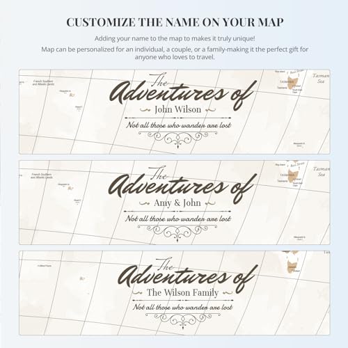 Image of IPIC - Custom Vintage World Map Canvas Wall Art, Personalized Artwork With Names and Message, Framed Travel Decor for Home, Office, or Study, Push-in Map for Travel Lovers