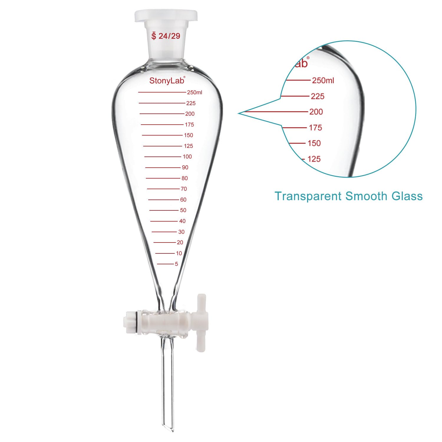 stonylab Imbuto Separatore Graduato, Parete Spessa a Forma di Pera Conica in Vetro Borosilicato, Rubinetto in PTFE e Tappo Superiore in Plastica, 250 ml