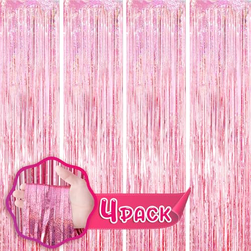 Image of Voircoloria 4 Pack 3.3x8.2 Feet Laser Pink Foil Fringe Backdrop Curtains, Tinsel Streamers Birthday Party Decorations, Fringe Backdrop for Graduation, Baby Shower, Gender Reveal, Disco Party
