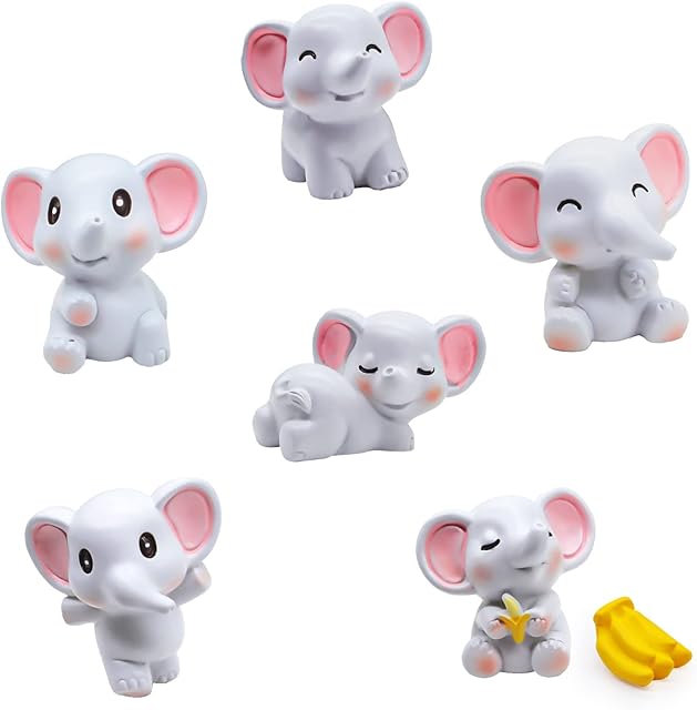 kukifun Pink Elephant Cake Cupcake Toppers, 7 PCS Mini Cute Baby Elephant Figurines Dollhouse Toys Elephant Cake Decorations for Its A Girl Baby Shower Jungle Theme Kids Girls Birthday Party Supplies