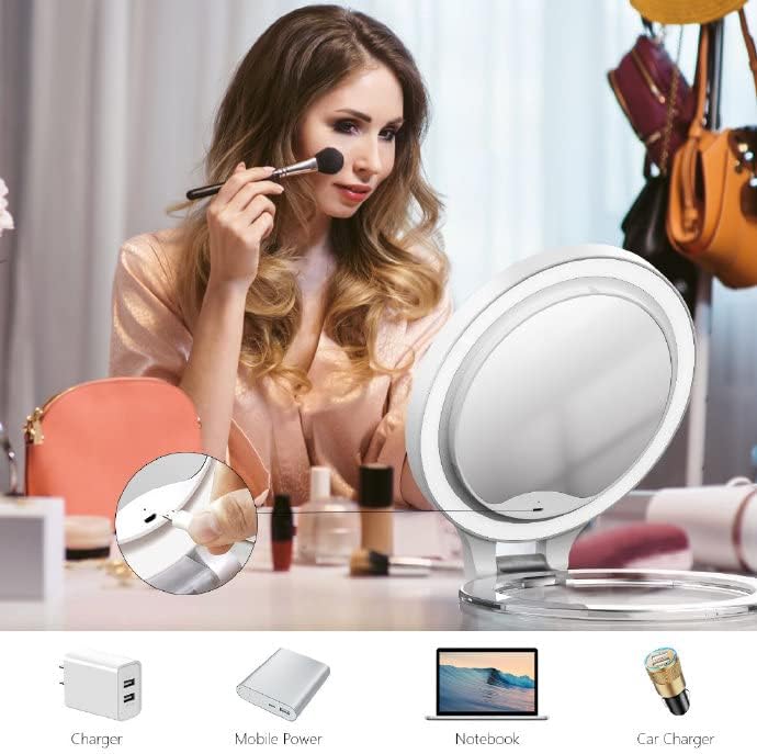 WEILY Magnifying Makeup Mirror 10X/1X, Double Sided Tabletop Mirror with 3 Color Lights, Rechargeable LED Cosmetic Mirror for Makeup,Tweezing, Blackhead and Comedone Removal (White)