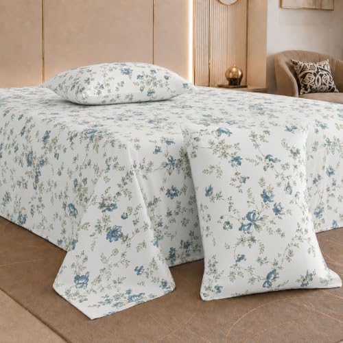 Image of Jaipur Weaves Cotton Linen Feel King Size Bedsheet 108x108 Super King, 100% Pure Cotton Bed Sheet with 2 Pillow Covers, 300 TC Soft Breathable Floral Design Bedding -(Vintage Blue, Super King)