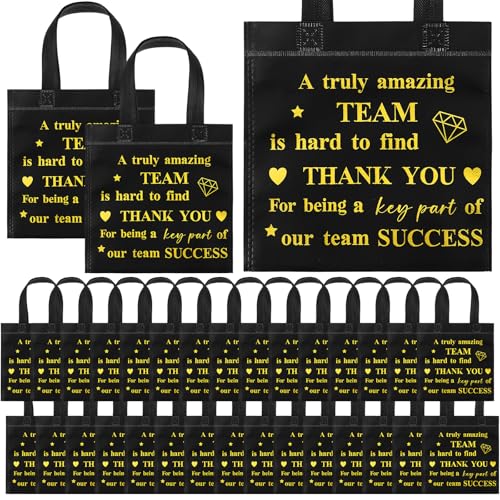Clysee 50 Pcs Thank You Gift Bag Small Employee Appreciation Gift Bags Bulk with Handle Black Gold Inspirational Wedding Party Favor 8 x 8 Inch for Women Party Volunteer(Thanks)