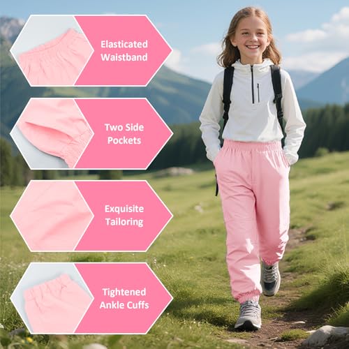 Hoseay Wanderhose Mädchen Regenhose Wasserdicht Winddicht Trekkinghose Atmungsaktiv Mesh Futter Jogginghose Elastischer Bund Mit Taschen Outdoor Hose für Kinder Gr.128-134, Rosa