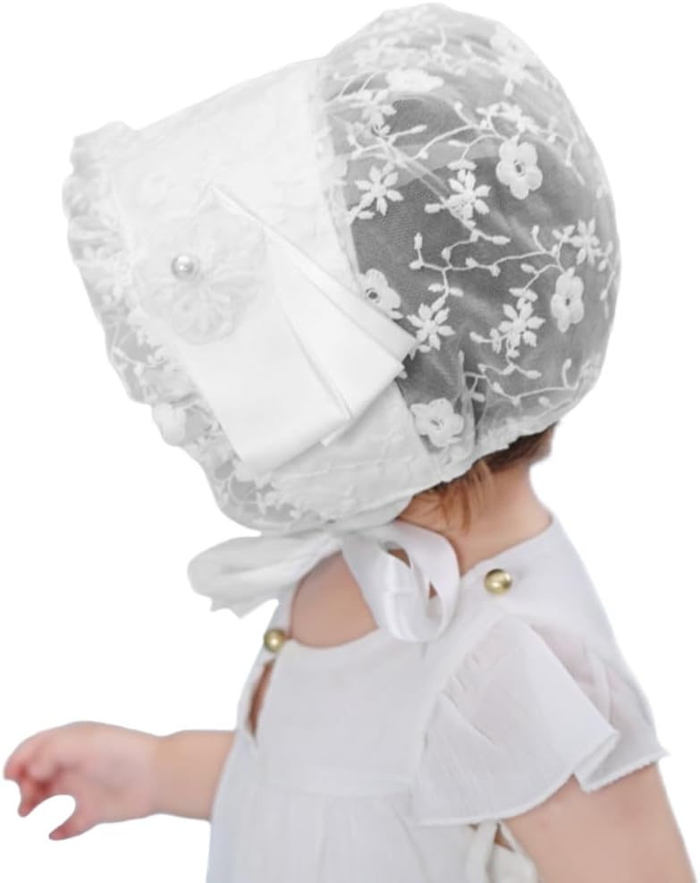 Baby Lace Bonnet Hat Floral Cotton Sun Hat Princess Eyelet Christening Bonnet for Toddler 0-24Months