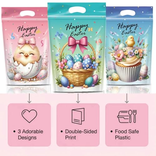 50 Stück Oster-Druckverschlussbeutel, Geschenktüten Ostern mit Griffen, wiederverschließbare Plastik-Bonbonbeutel mit Hasenmotiv für kinder ostern deko (3 Stile)