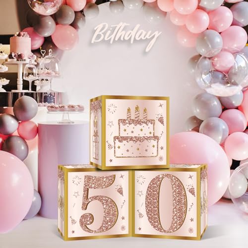 Image of Guiruiy 3Pcs 50th Birthday Decorations Boxes for Women, Pink Rose Gold 50th Birthday Balloons Boxes Party Supplies, Pink Fifty Year Old Bday Theme Cardboard Box Decor