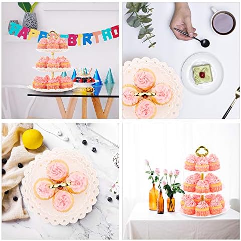 NWK Large 3-Tier Cupcake Stand 10.9Inch Plastic Serving Tray for Wedding Birthday Summer Baby Shower Graduation Tea Party (White Gold, 1)