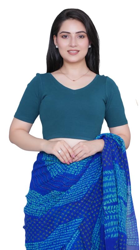 Image of Mlada V-Neck Stretchable Saree Blouse Top for Women | Slim Fit Short Sleeves Solid Cotton Blouses | Readymade Saree Blouses for Women Festive & Ethnic | Blouse Crop Top
