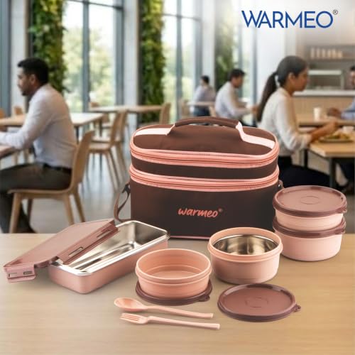 Image of WARMEO Micro Meal Microwave Safe Lunch Box | 1 Rectangular Container 600ml + 2 Round Containers 350ml Each + 2 Round Container 250ml Each + 1 Spoon + 1 Fork,Stylish Durable Jacket,Office,School,Brown