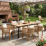 Hassyee 7-Piece Outdoor Dining Set with Acacia Wood Frame for Dining Room, Balcony, Rope Chairs with Beige Cushions and Dining Table for Poolside, Lawn, Garden, Backyard (Beige Rope Set)