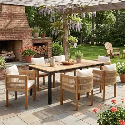 Hassyee 7-Piece Outdoor Dining Set with Acacia Wood Frame for Dining Room, Balcony, Rope Chairs with Beige Cushions and Dining Table for Poolside, Lawn, Garden, Backyard (Beige Rope Set)