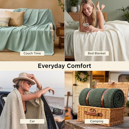 Bedsure GentleSoft 100% Cotton Blanket King Size for Bed - Breathable Lightweight and Soft, Basket Waffle Weave Woven Blankets for Summer, Home Decor, Olive Green, 108x90 inches by Bedsure - Used condition - Image 6