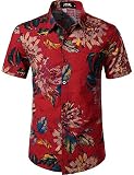 JOGAL Herren Casual Floral Blumenmuster Kurzarm Hawaiihemd Large Rot