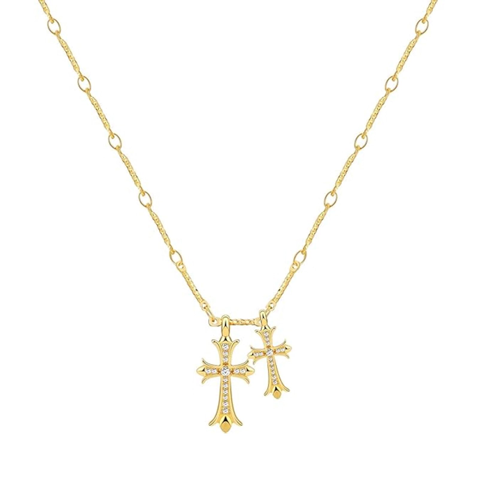 SJUIEO Collar con cruz Collar con colgante de doble cruz chapado en oro de 14 K Collar con gargantilla de diamantes Regalo para mujeres niñas hombres niños, L, Chapado en oro de 14 quilates, Chapado