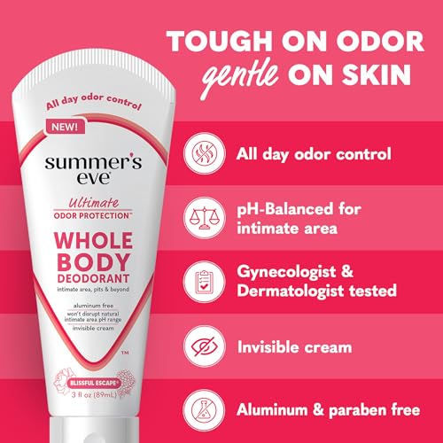 Summer's Eve Blissful Escape Whole Body Deodorant for Women, Aluminum-Free Ultimate Odor Control Cream, 3 Oz