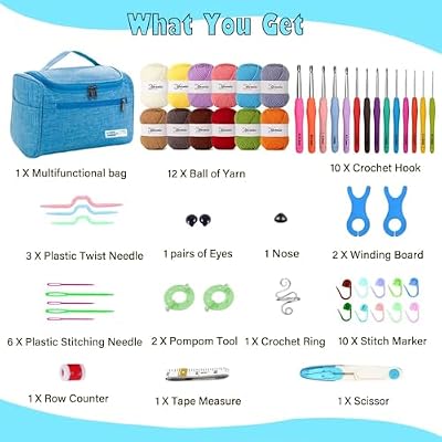 Yarniss Crochet Kits for Beginners - 840 Yards Yarn for Crocheting with 14 Size Hooks 2.0-10.0mm,Learn to Crochet Set with Bag&Accessories,Turquosie