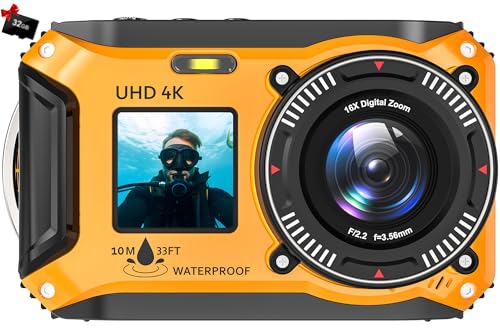 4K Underwater Camera 33FT Waterproof Camera for Snorkeling with 32GB Card Dual-Screen Compact Dustproof Floatable Autofocus UHD 64MP Point and Shoot Digital Camera 1500mAh Battery(Yellow)