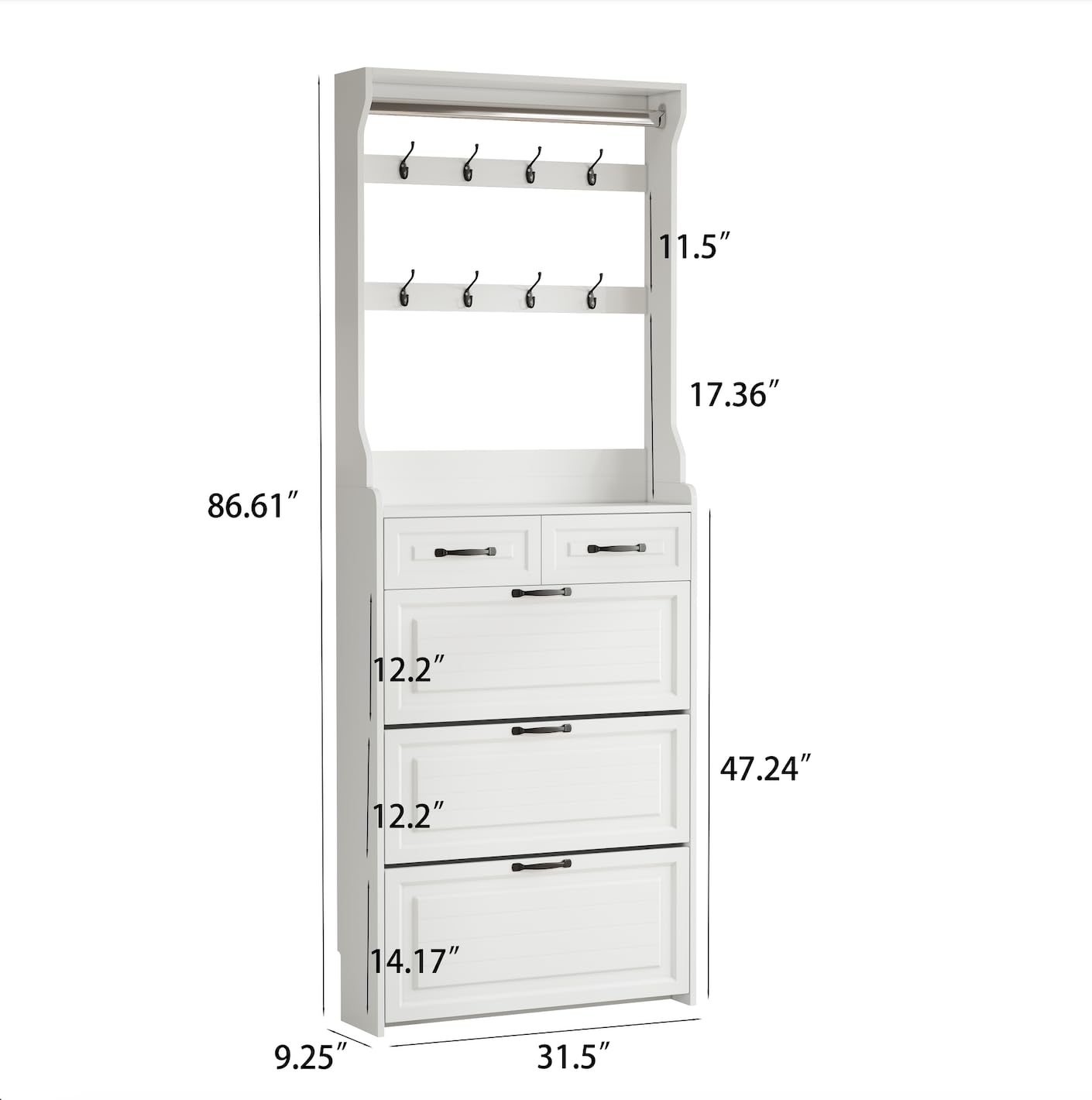 Refined White Shoe Cabinet with Hanger 3 Doors 2 Drawers