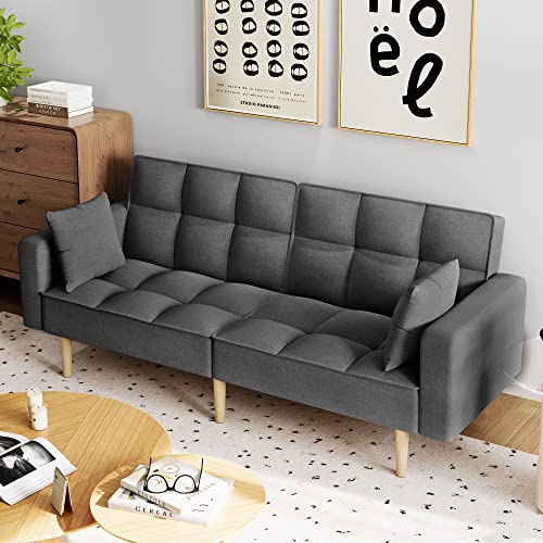 Senfot 78” W Sleeper Sofas Upholstered Couch Bed, Convertible Futons, Linen Futon With Button Tufted Design, 2 Pillows And Thickened Wood Leg For Living Room In Dark Gray #TOP24