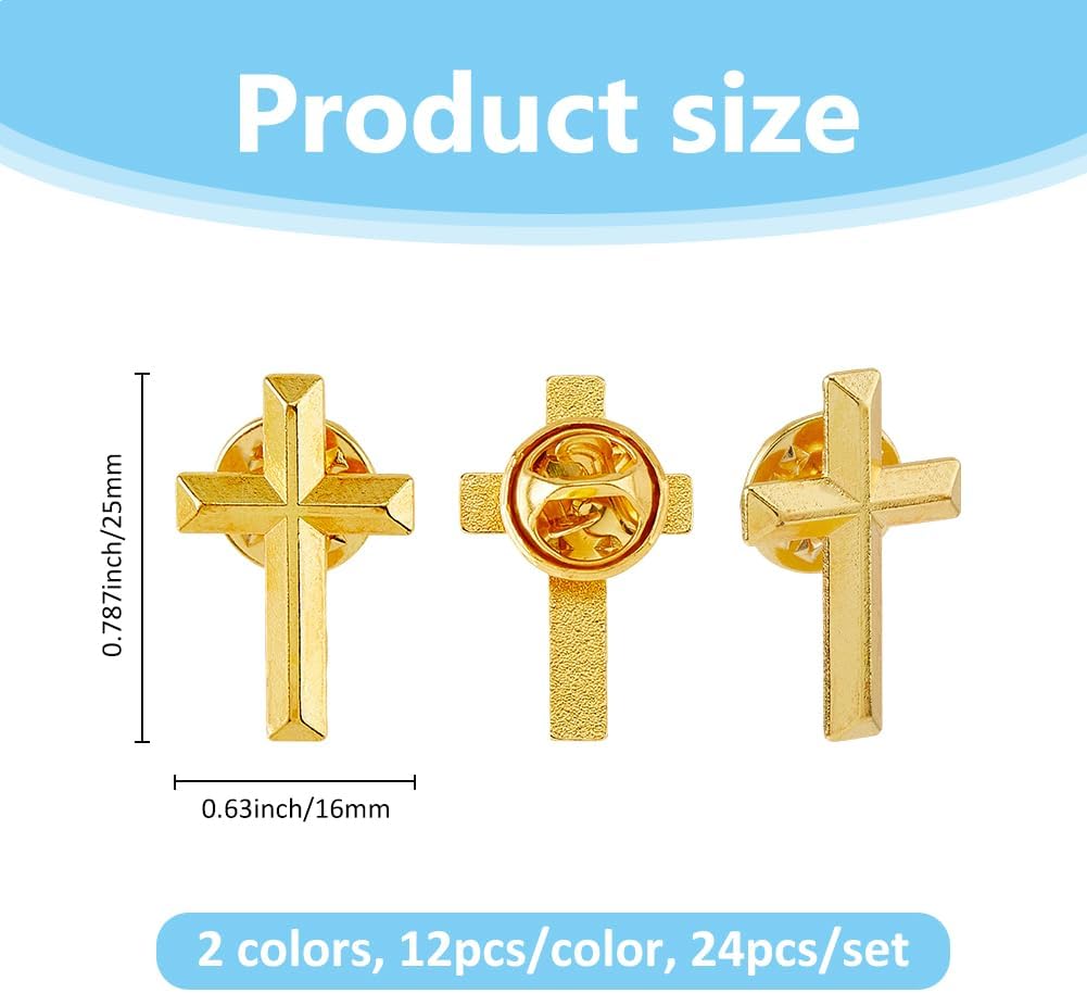 SUPERFINDINGS 24Pcs Cross Lapel Pins Alloy Cross Brooches Christian Brooches Bulk Cross with Safety Backpacks for Suit Uniform Hats Church Gifts for Communion Reception