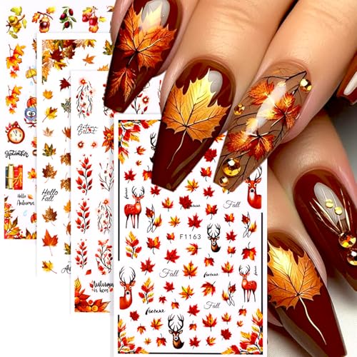 6 Sheets Thanksgiving Nail Art Stickers 3D Self -Adhesive Fall Maple Leaf Nail Decals Holographic Pumpkin Mushroom Nail Stickers Autumn Thanksgiving Nail Staickers Decoration for Women DIY Manicure