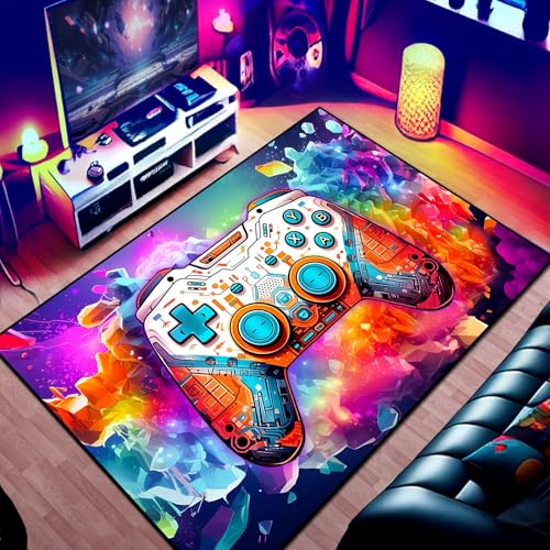 Alfombra de área de juegos para adolescentes y niños, colorido y genial gamepad y colorido fondo de bomba, diseño de controlador de juego para sala de juegos, sala de juegos, dormitorio de niños y