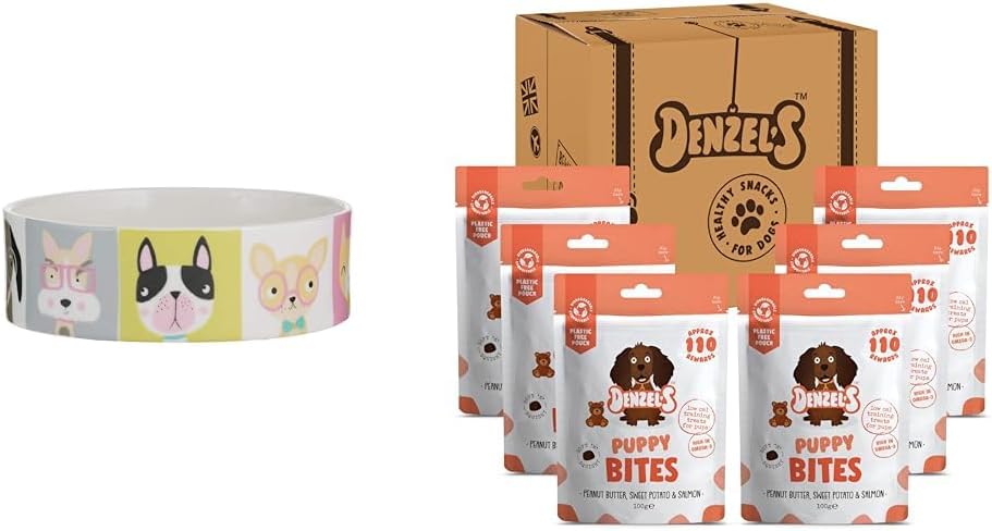 Mason CashPawtrait Bowl with Denzel's All Natural Puppy Treats - Training Bites - Salmon and Peanut Butter (6 x 100g)