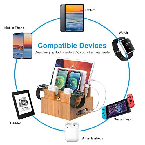 Bamboo Charging Station Organizer For Multiple Devices (Included 5 Port Usb Charger, 6 Pack Charge & Sync Cable, With Earbuds & Watch Stand), Electronic Device Desktop Stations For Cell Phone, Tablet #TOP3