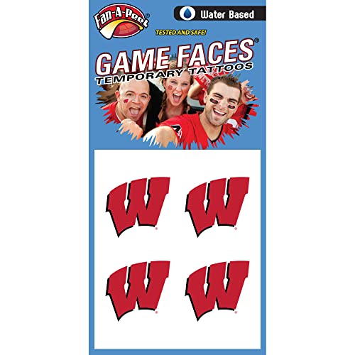 Football Fanatics NCAA Wisconsin Badgers 4-Pack Temporary Tattoos - Red, Waterproof, Sports Team Logo, Kid