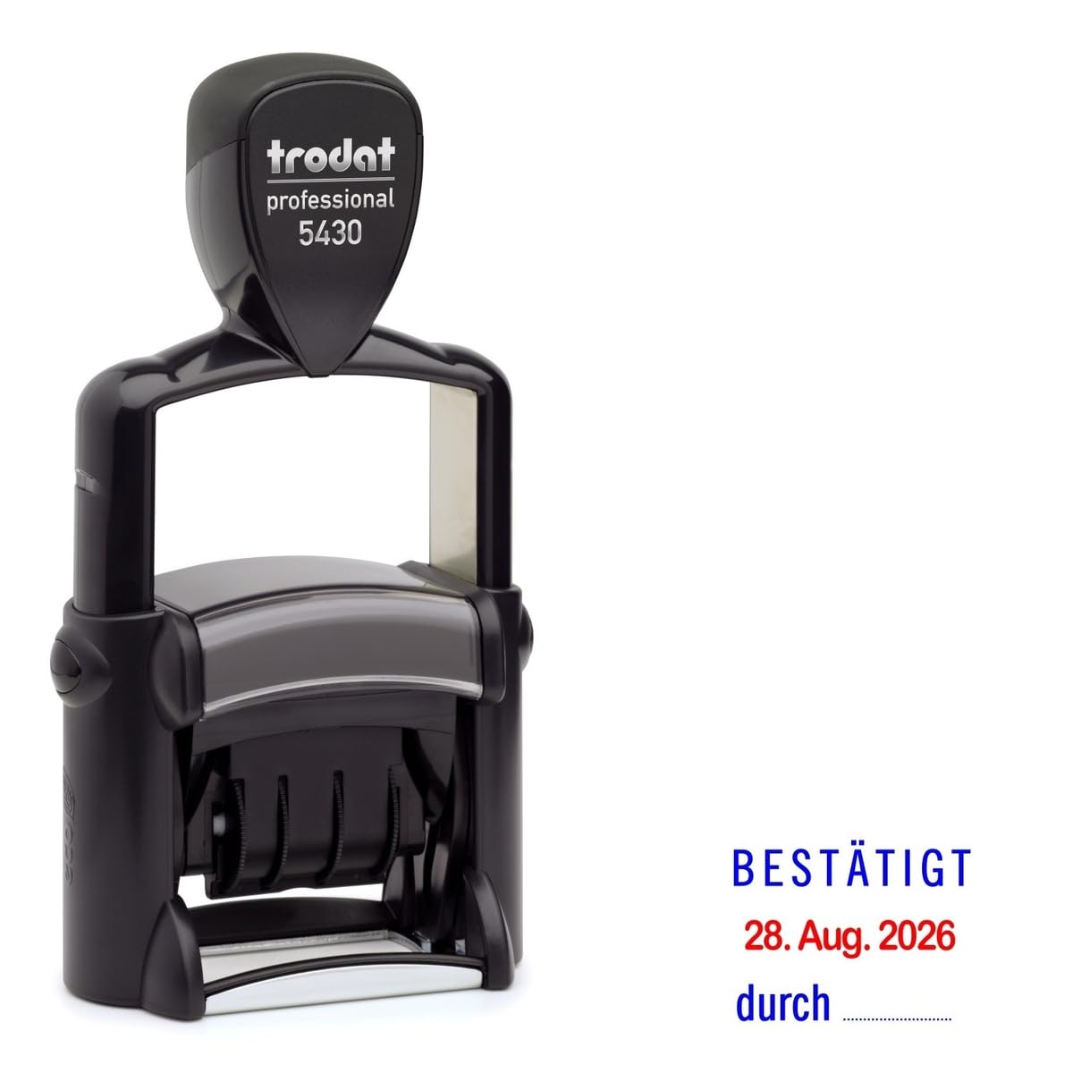 Trodat Professional Dater 5430 Datumstempel mit 2farbigem Kissen blau/rot + Wunschtext, Stempeltext:B E S T Ä T I G T