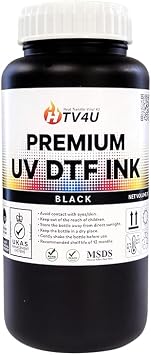 UV DTF Transfer Printer Ink Bottle Refill Soft Ink Premium Ultraviolet Curable Direct to Film Printing AB Film Sticker Decal Custom Logo Branding Drink Glass Bottles, Phone Cases, ETC 1 Liter Black