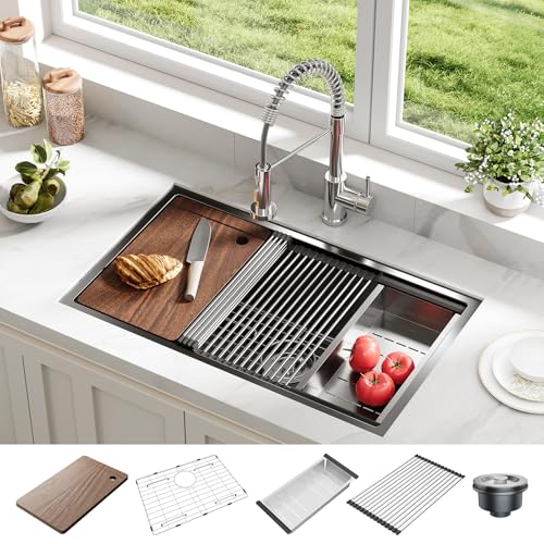 GarveeLife Kitchen Sink, 30"X18"X9"Drop-in Stainless Steel Single Bowl Sink with Accessories, Modern Top Mount Workstation Sink with Pull-Down Faucet for Bar, Kitchen(Black) by GarveeLife - Used condition - US$79.41