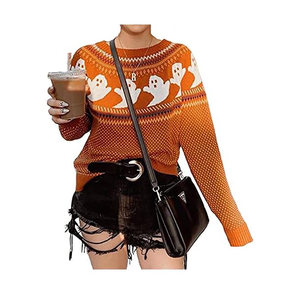 YEMOCILE Knitted Sweater for Women with Cute Ghost Pattern Gothic Streetwear with Long Sleeves for Girls Orange
