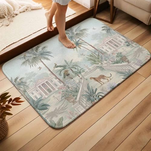 Front Door Mat, Luxurious Estate Non Slip Door Mat Outside Entrance, Classic Garden Palm Trees Leopard Plants Low Profile Washable Welcome Mats Indoor Doormat for Kitchen Bathroom, 15.7" x 23.6"