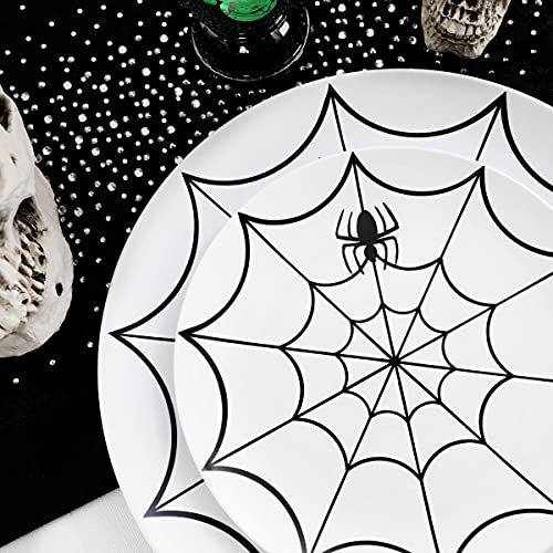 Image of WDF 60Pieces Halloween Plates Disposable Plastic - White and Black with Cobwebs plates Dinnerware include 30PCS 10.25inch and 30PCS 7.5inch Plates for Halloween