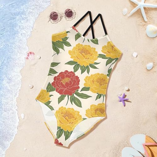 Red and Yellow Flowers Girls One Piece Swimsuits Quick Dry Beach Swimwear Bathing Suit3