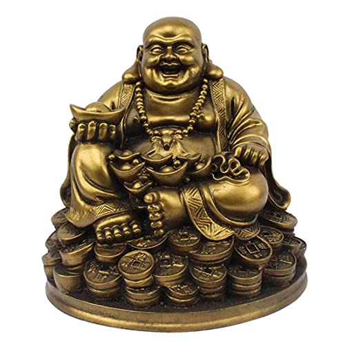 Petrichor Handmade Laughing Buddha Sitting on Lucky Money Coins Carrying Golden Ingot for Feng Shui Good Luck & Happiness (5 inch)