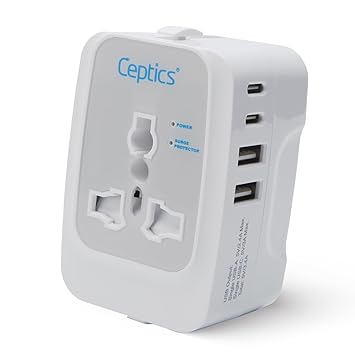 Ceptics Universal Charger Adapter, 5 in 1 Universal Travel Adapter with Type C, 17W Universal Travel Adapter All in One, Universal Travel Essentials with 2 USB A, 2 USB-C 3.4A Universal Adaptor, White