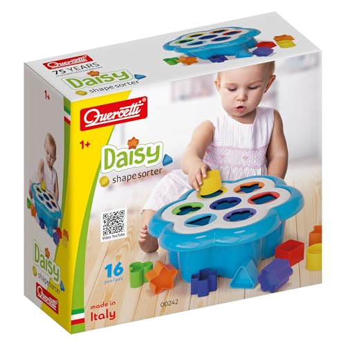 Quercetti Daisy Shape Sorter Baby Toy - 14 Large Pieces fit 7 Different Shapes and Colors, Supports Infant and Toddler Learning, Made in Italy, for Ages 1-4 Years