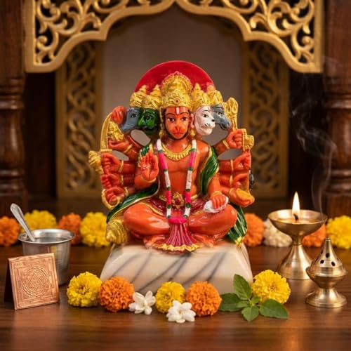 Image of Blessing Hanuman Idol - Multicolor Sitting Bajrangbali Murti with Gada for Home Temple Decor | Lord Hanuman Ji Statue for Strength, Protection & Devotion | Puja Showpiece Gift (15 cm Hanuman ji)