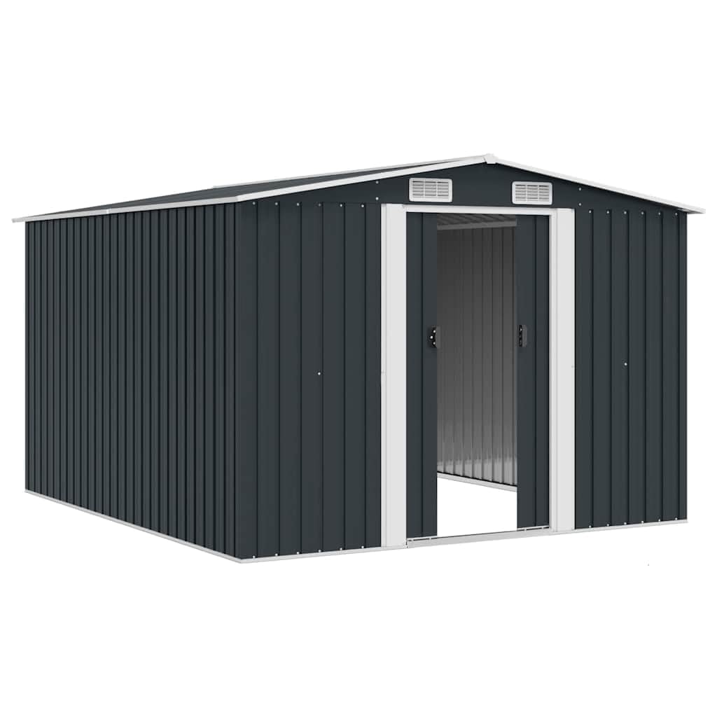 Domek na narzędzia z metalu w kolorze antracytowym, 257 x 298 x 178 cm, ocynkowana stal, szopa ogrodowa z podwójnymi drzwiami przesuwnymi, 4 kratki wentylacyjne, odporne na warunki