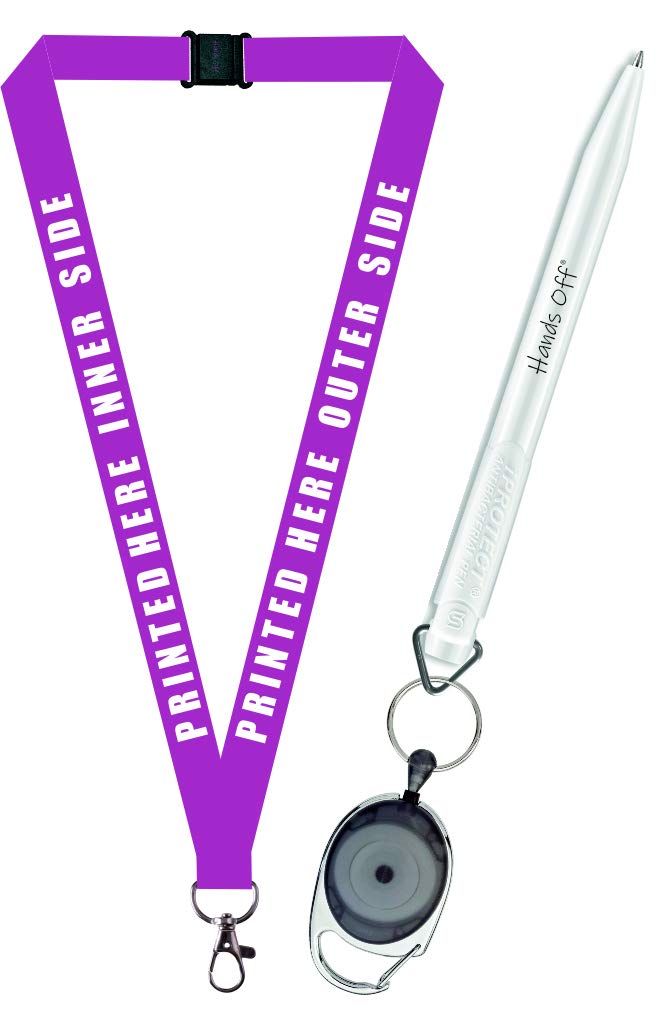 Personalised Lanyard X 1 Comes with Antibacterial Pen and Retractable Keyring for Back to School Kids, Teachers and Nurses etc (Hands Off ®) (Purple)