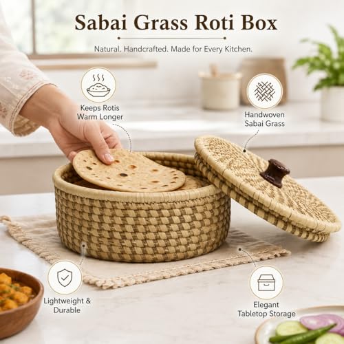 Image of Handcrafted Sabai Grass Roti Box with Lid | Eco-Friendly Chapati Storage Basket for Kitchen | Natural Insulated Roti /Chapati Box with Wooden Knob - Keeps Rotis Warm