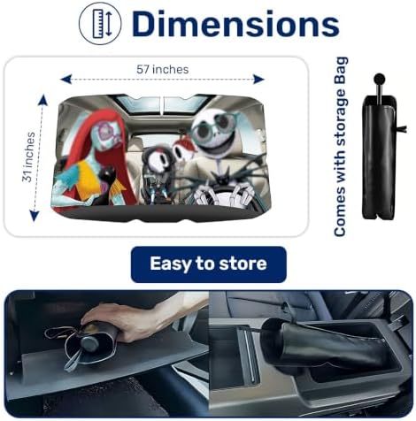 GENANY Spooky Car Interior Set, 57x31 Inch Umbrella Windshield Sun Shade & 2 Pcs Front Seat Covers for Car Truck SUV, Gothic Halloween Auto Accessories Bundle image 5