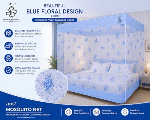 Image of ANS Premium Hanging Mosquito Net for Bed | XXL 6.5 x 10 ft | Blue Floral Design | Fine Mesh Protection | Free Air Flow | Cotton Border | Ideal for Large Size Bed & Joint of Single & Double Bed